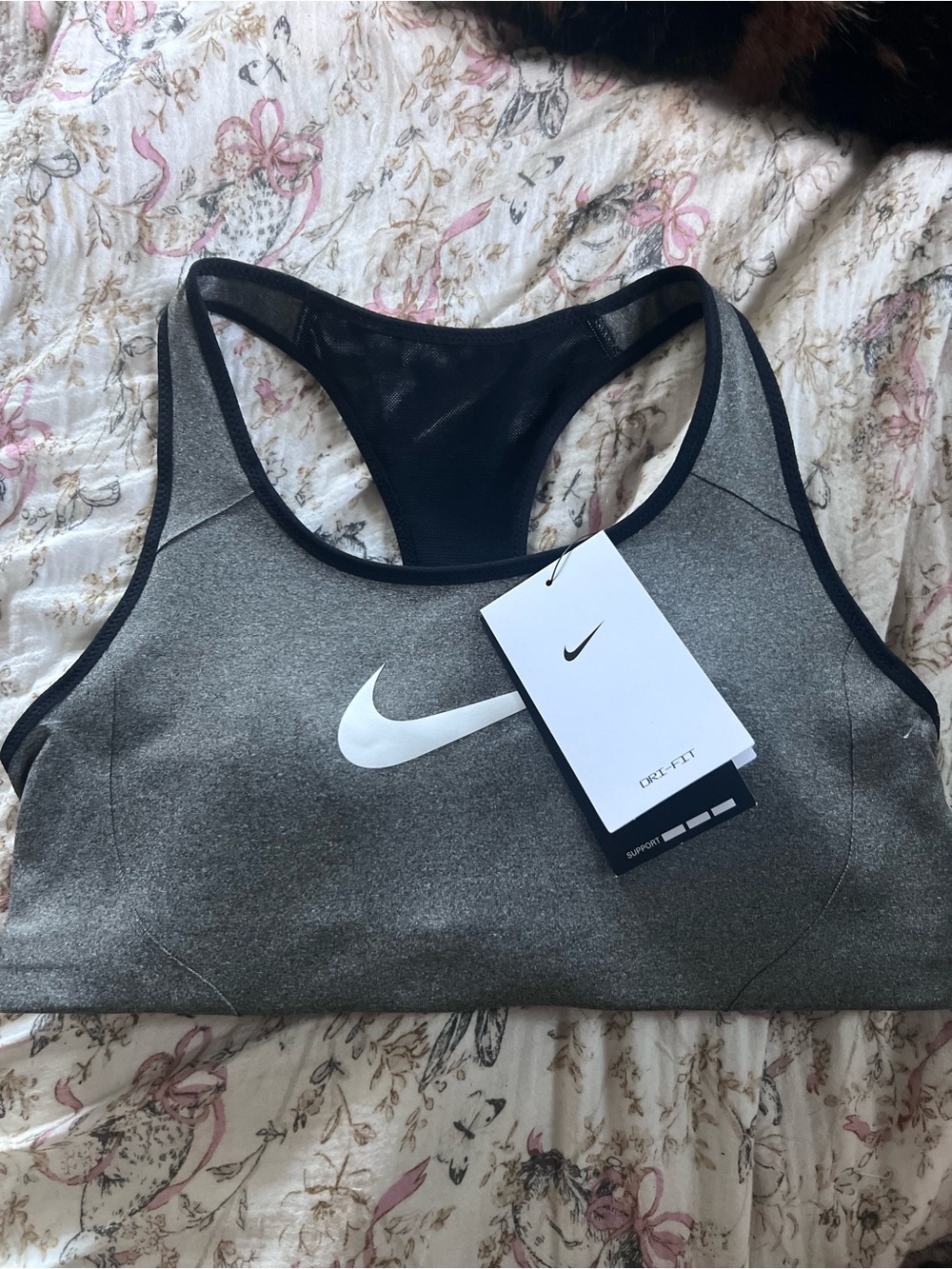 Nike Gray & Black Dri-FIT Racerback Sports Bra with White Swoosh